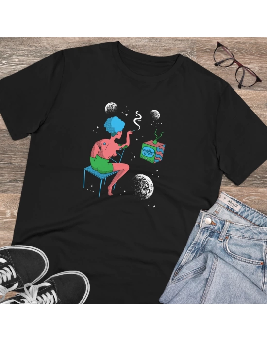 Unisex Woman TV Space Baskılı Siyah Basic Tshirt