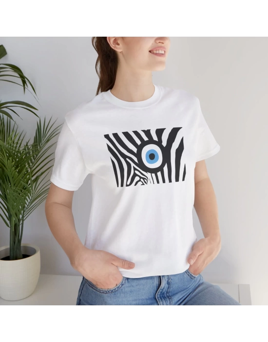 Unisex Zebra Tablo Nazar Baskılı Beyaz Basic Tshirt