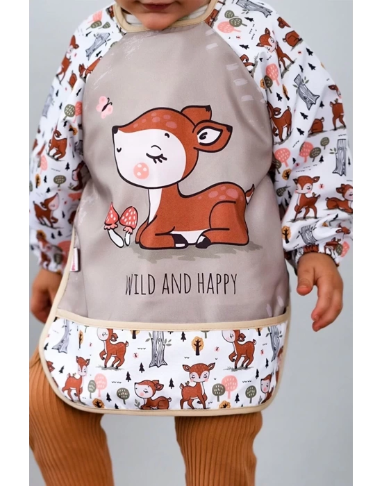 Wild And Happy Karaca Desenli Uzun Kollu Unisex Bebek Mama Önlüğü Sıvı Geçirmez 0-2 Yaş