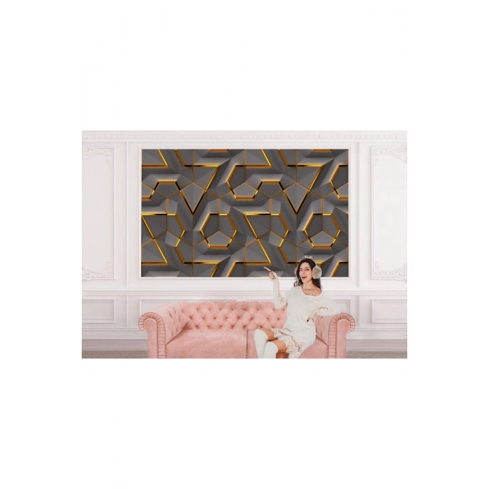 3D Görünümlü Altın Detaylı Geometrik Desen Duvar Kağıdı-5608