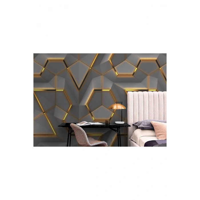 3D Görünümlü Altın Detaylı Geometrik Desen Duvar Kağıdı-5608