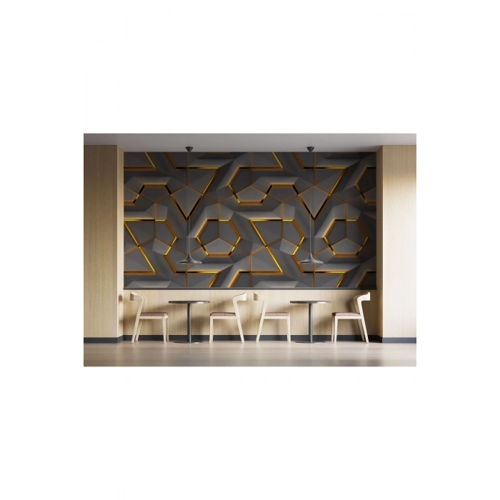 3D Görünümlü Altın Detaylı Geometrik Desen Duvar Kağıdı-5608