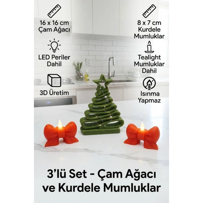 3D Yılbaşı Dekor Seti 3’lü Çam Ağacı (16 x 16 cm) ve Kurdela Mumluk (8 x 7 cm), Tealight Mumlar & Periled Dahil