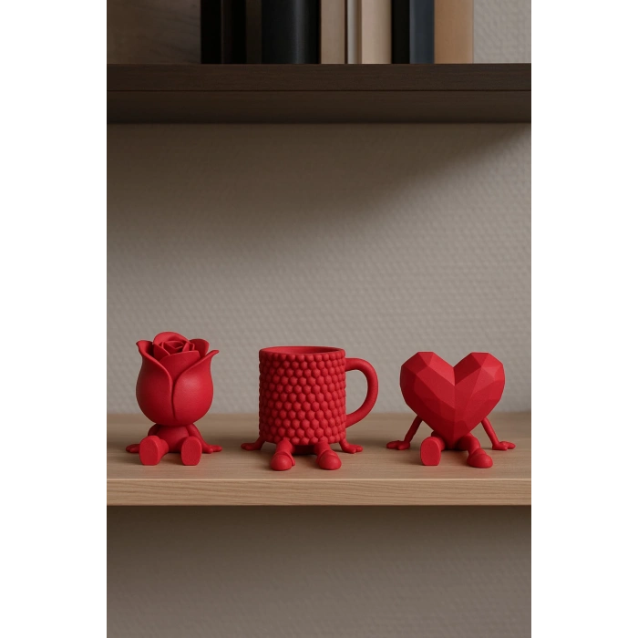 3lü Kalp Kupa Gül Figür Kahve Yanı Aksesuar