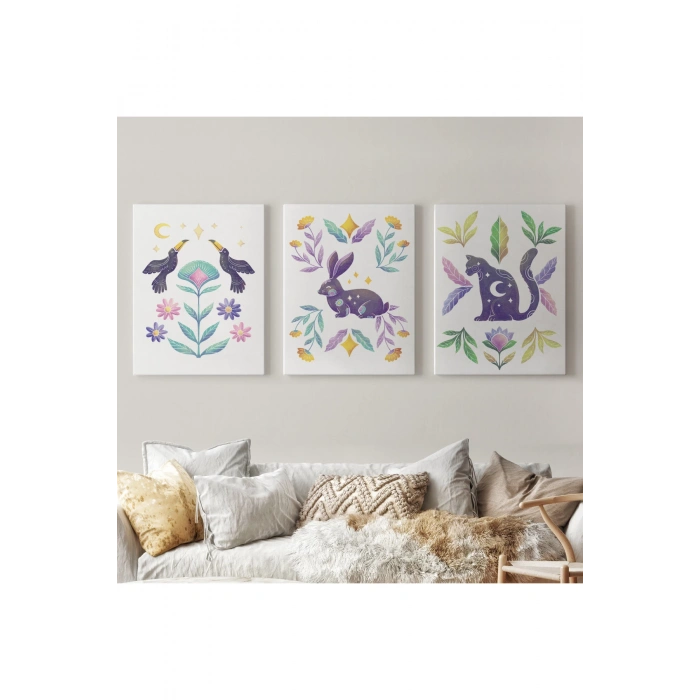 3’lü Tablo Hayvan Temalı Koleksiyon Dekoratif Şık ve Modern Duvar Tablo Seti-AŞ-19