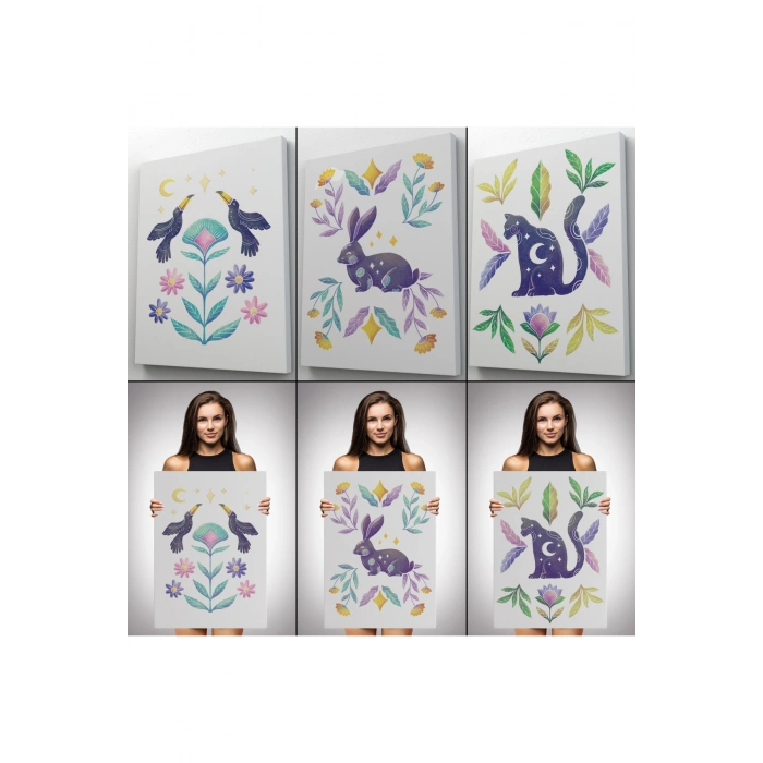 3’lü Tablo Hayvan Temalı Koleksiyon Dekoratif Şık ve Modern Duvar Tablo Seti-AŞ-19