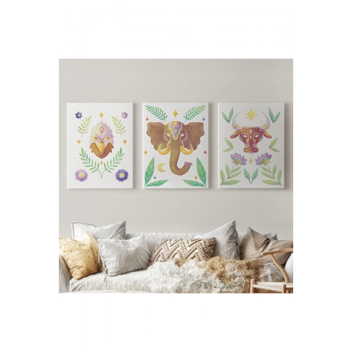 3’lü Tablo Hayvan Temalı Koleksiyon Dekoratif Şık ve Modern Duvar Tablo Seti-AT-20