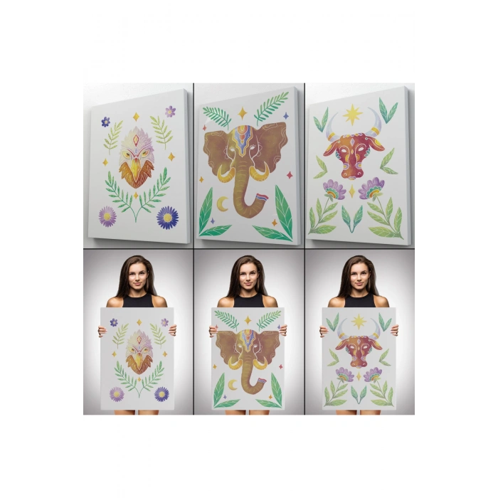 3’lü Tablo Hayvan Temalı Koleksiyon Dekoratif Şık ve Modern Duvar Tablo Seti-AT-20