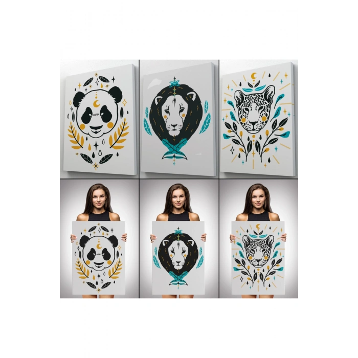 3’lü Tablo Hayvan Temalı Koleksiyon Dekoratif Şık ve Modern Duvar Tablo Seti-AU-21