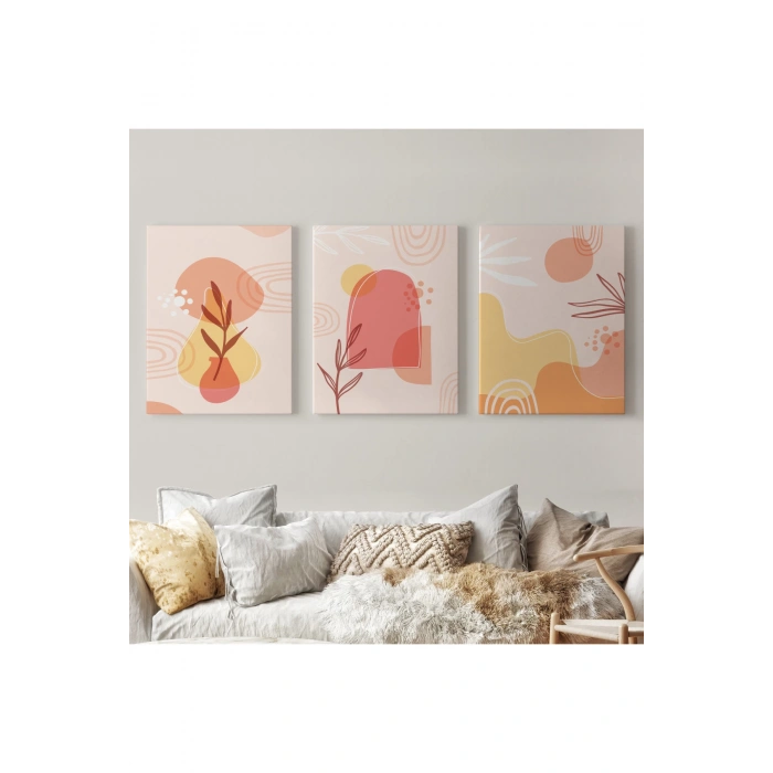 3’lü Tablo Minimal Şekiller ve Bitkiler Dekoratif Şık ve Modern Duvar Tablo Seti-BF-31