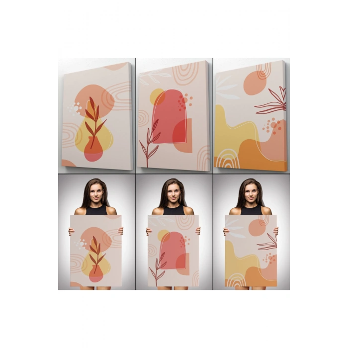 3’lü Tablo Minimal Şekiller ve Bitkiler Dekoratif Şık ve Modern Duvar Tablo Seti-BF-31