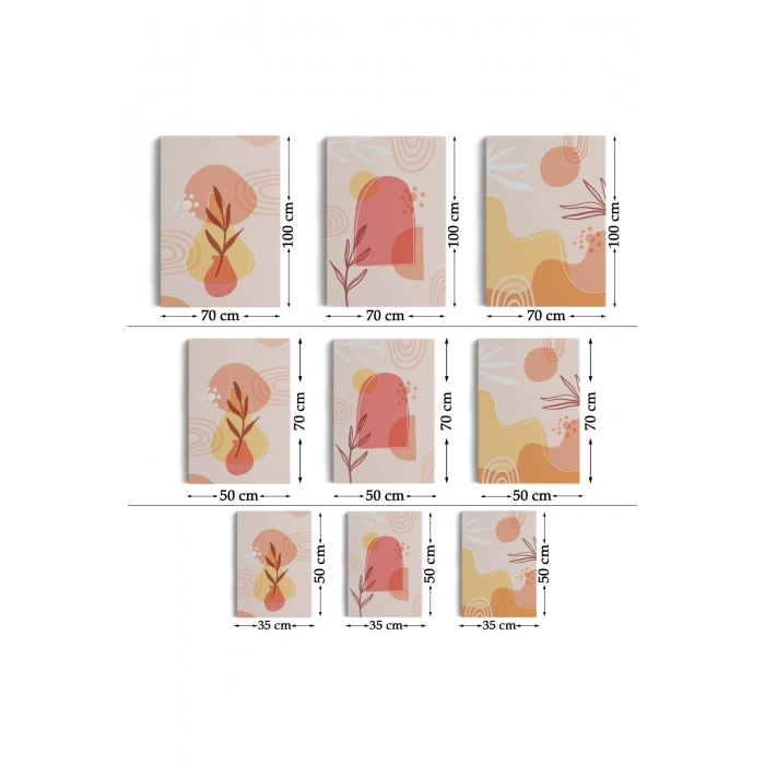 3’lü Tablo Minimal Şekiller ve Bitkiler Dekoratif Şık ve Modern Duvar Tablo Seti-BF-31