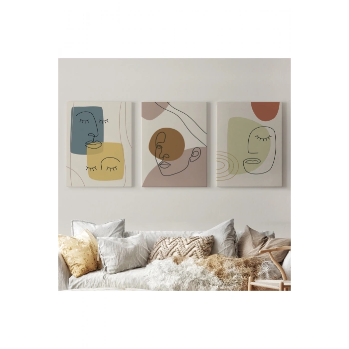 3’lü Tablo Minimal Şekiller ve Çizgi Sanat Yüzleri Soyut Sanat Tablo Seti-AP-16