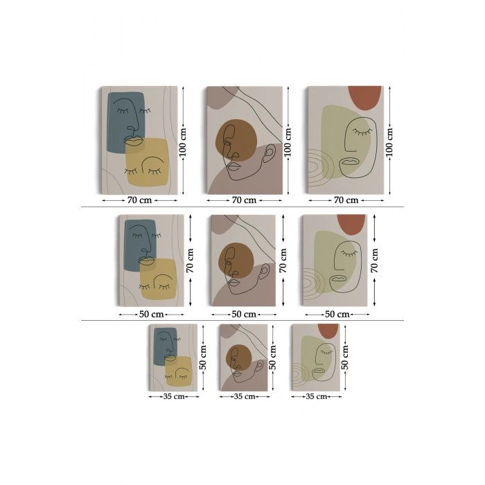 3’lü Tablo Minimal Şekiller ve Çizgi Sanat Yüzleri Soyut Sanat Tablo Seti-AP-16