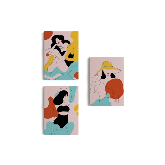3’lü Tablo Renkli Zarif Kadınlar Çizgi Sanat Tarzında Dekoratif Tablo Seti-AS-18