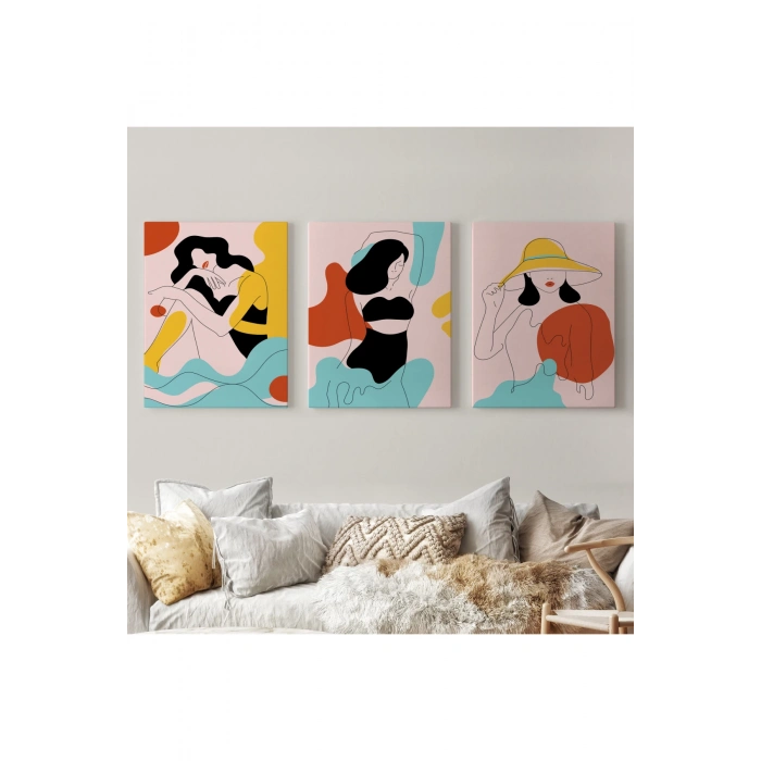 3’lü Tablo Renkli Zarif Kadınlar Çizgi Sanat Tarzında Dekoratif Tablo Seti-AS-18