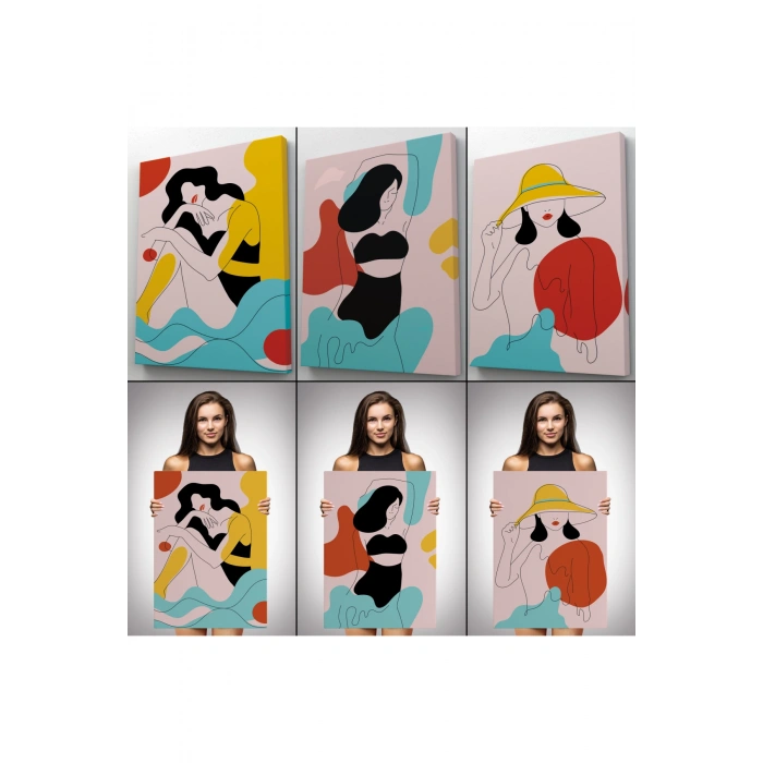 3’lü Tablo Renkli Zarif Kadınlar Çizgi Sanat Tarzında Dekoratif Tablo Seti-AS-18
