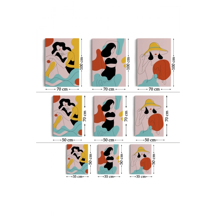 3’lü Tablo Renkli Zarif Kadınlar Çizgi Sanat Tarzında Dekoratif Tablo Seti-AS-18