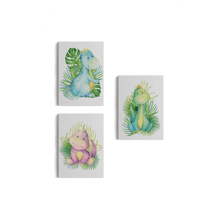 3’lü Tablo Sevimli Dinozor Dekoratif Duvar Tablo Seti-BZ-50
