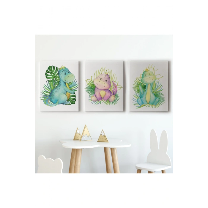3’lü Tablo Sevimli Dinozor Dekoratif Duvar Tablo Seti-BZ-50