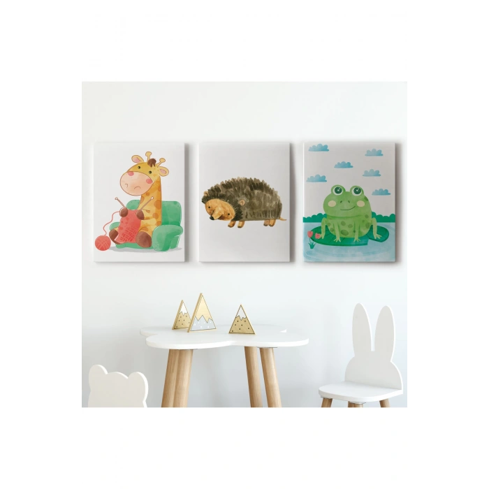 3’lü Tablo Sevimli Hayvanlar Suluboya Görünümlü Dekoratif Tablo Seti-BL-37