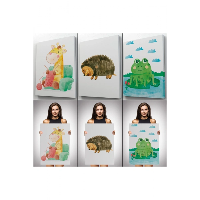 3’lü Tablo Sevimli Hayvanlar Suluboya Görünümlü Dekoratif Tablo Seti-BL-37