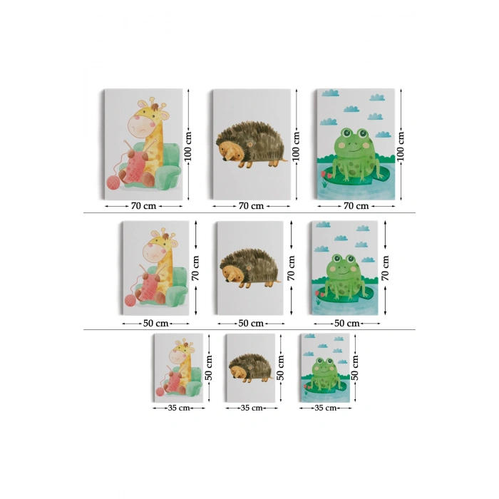 3’lü Tablo Sevimli Hayvanlar Suluboya Görünümlü Dekoratif Tablo Seti-BL-37