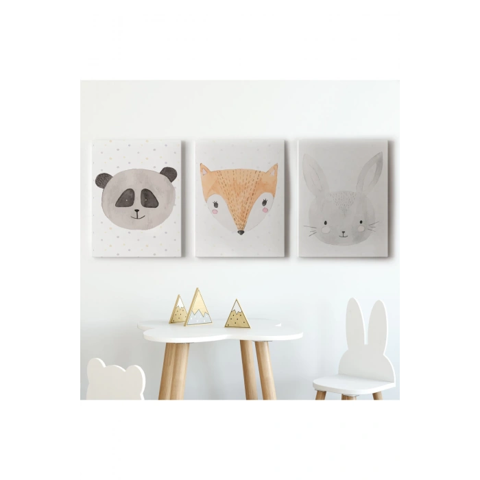 3’lü Tablo Sevimli Hayvanlar Suluboya Görünümlü Dekoratif Tablo Seti-BÜ-47