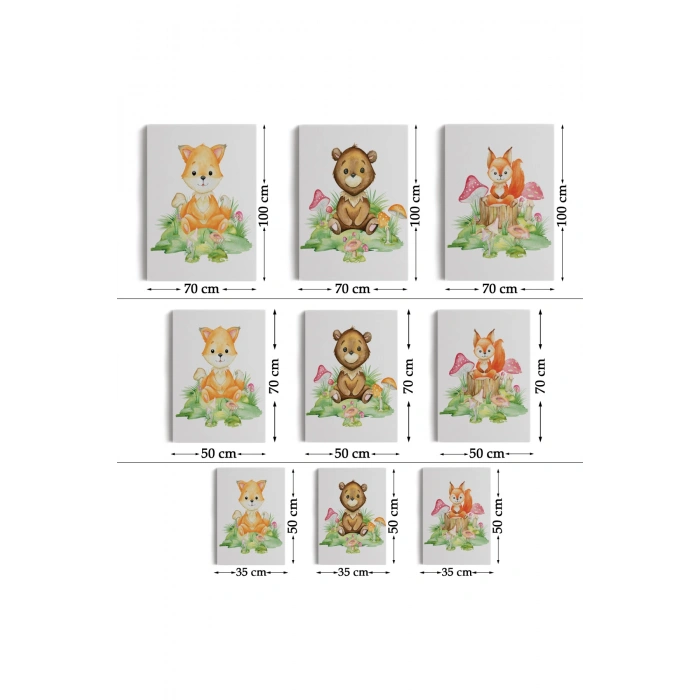 3’lü Tablo Sevimli Hayvanlar Temalı Dekoratif Şık ve Modern Duvar Tablo Seti-BH-33