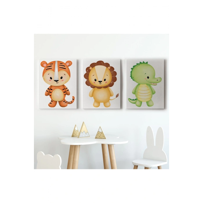 3’lü Tablo Sevimli Hayvanlar Temalı Koleksiyon Dekoratif Duvar Tablo Seti-BJ-35