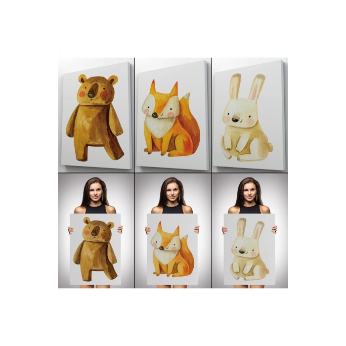 3’lü Tablo Sevimli Hayvanlar Temalı Koleksiyon Dekoratif Duvar Tablo Seti-BS-43