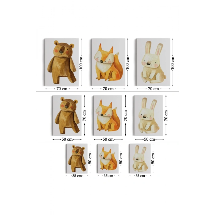 3’lü Tablo Sevimli Hayvanlar Temalı Koleksiyon Dekoratif Duvar Tablo Seti-BS-43