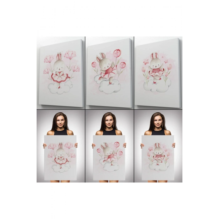 3’lü Tablo Sevimli Tavşan Dekoratif Duvar Tablo Seti-BŞ-44
