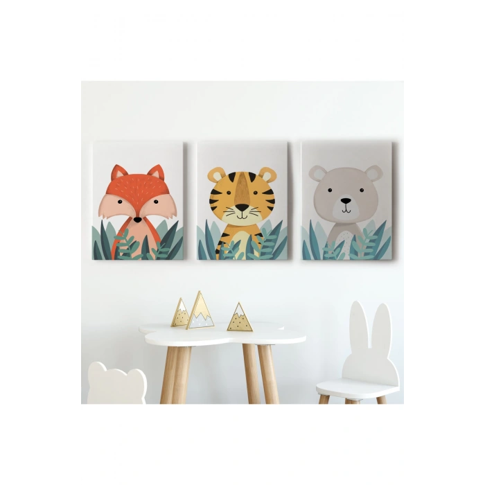 3’lü Tablo Sevimli Üç Hayvan Koleksiyonu Dekoratif Duvar Tablo Seti-BO-39