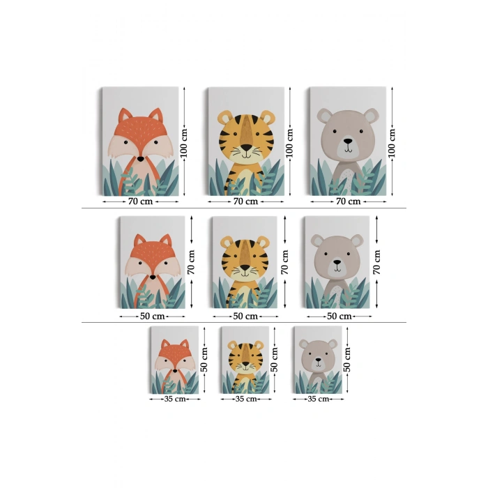 3’lü Tablo Sevimli Üç Hayvan Koleksiyonu Dekoratif Duvar Tablo Seti-BO-39