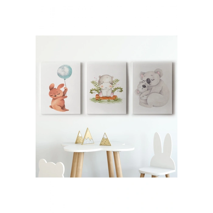 3’lü Tablo Sevimli Üç Hayvan Koleksiyonu Dekoratif Duvar Tablo Seti-BT-45