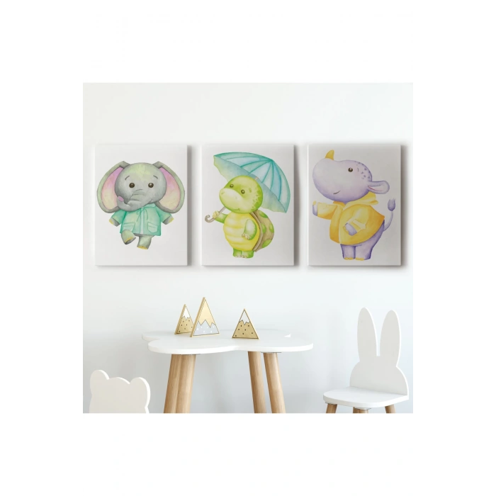 3’lü Tablo Sevimli Üç Hayvan Koleksiyonu Dekoratif Duvar Tablo Seti-CC-53