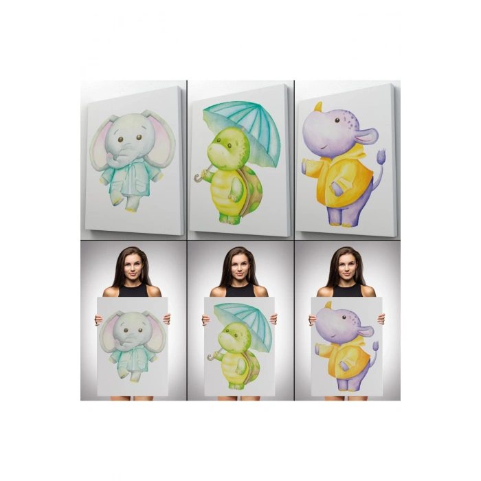 3’lü Tablo Sevimli Üç Hayvan Koleksiyonu Dekoratif Duvar Tablo Seti-CC-53