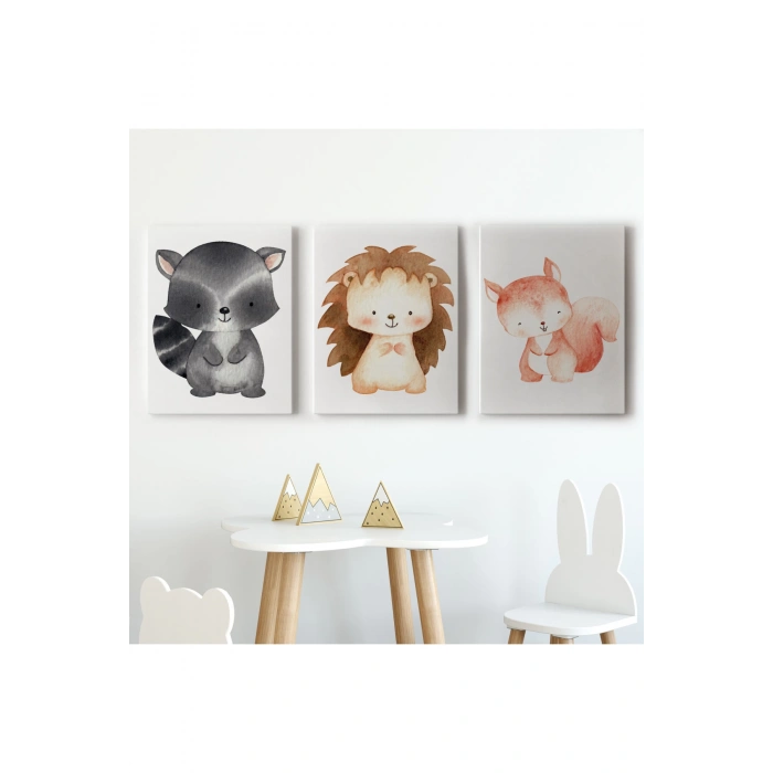 3’lü Tablo Sevimli Üç Hayvan Koleksiyonu Dekoratif Duvar Tablo Seti-CD-54