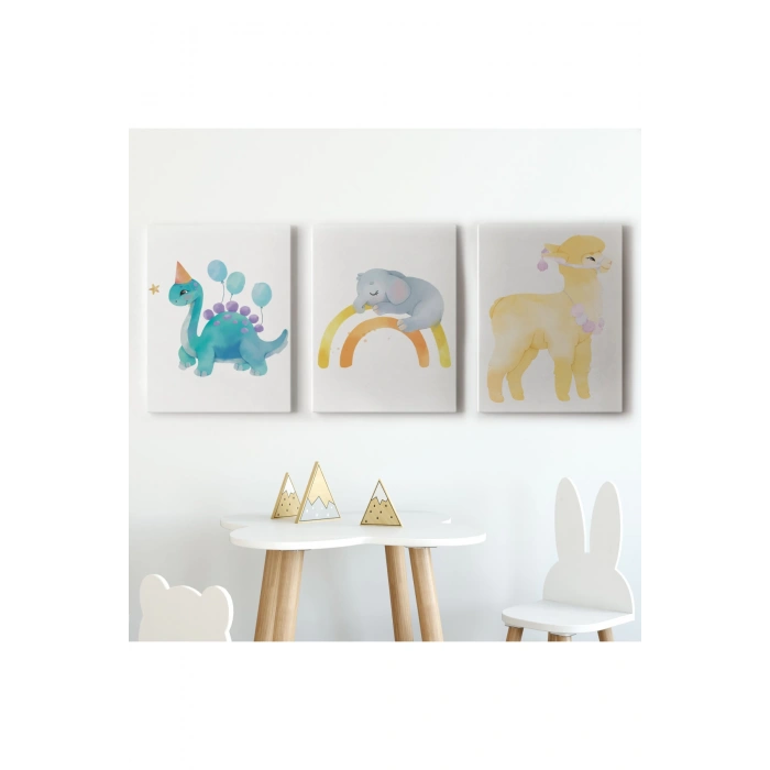 3’lü Tablo Şirin Hayvanlar Temalı Dekoratif Duvar Tablo Seti-BU-46