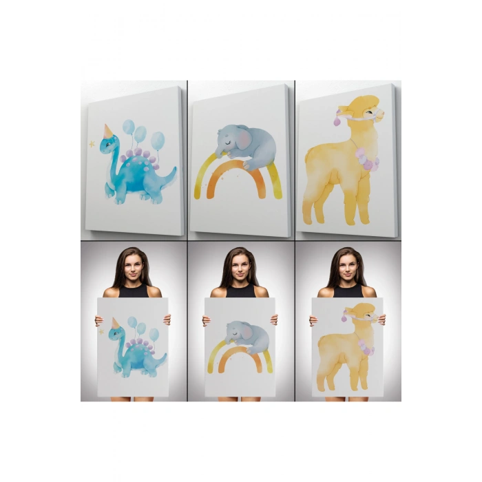 3’lü Tablo Şirin Hayvanlar Temalı Dekoratif Duvar Tablo Seti-BU-46