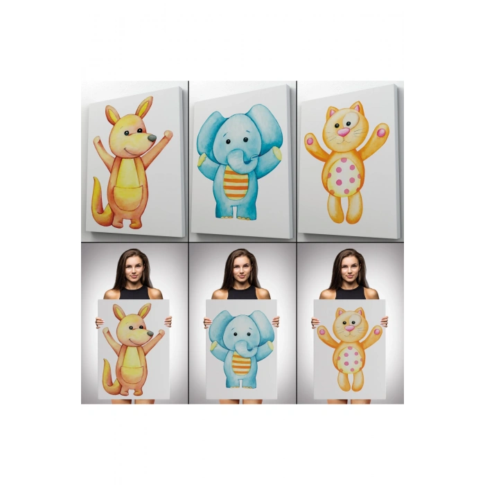3’lü Tablo Şirin Hayvanlar Temalı Dekoratif Duvar Tablo Seti-CA-51