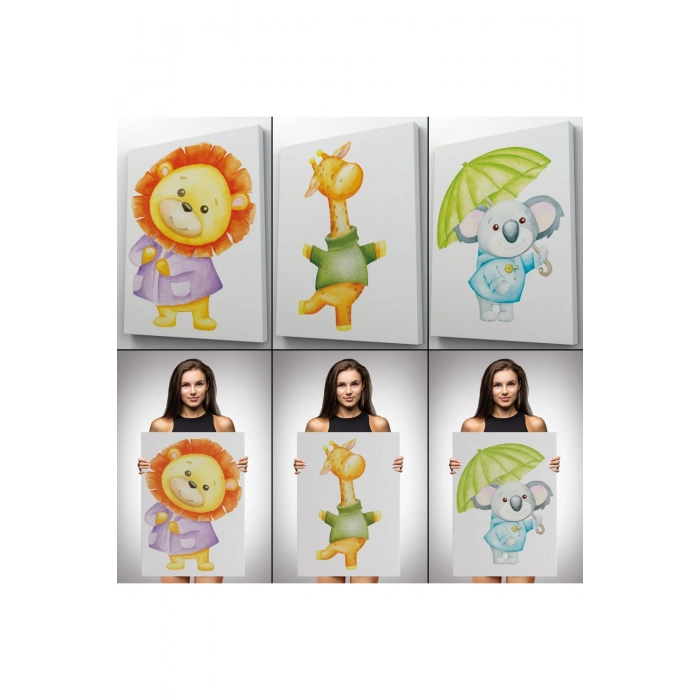 3’lü Tablo Şirin Hayvanlar Temalı Dekoratif Duvar Tablo Seti-CB-52