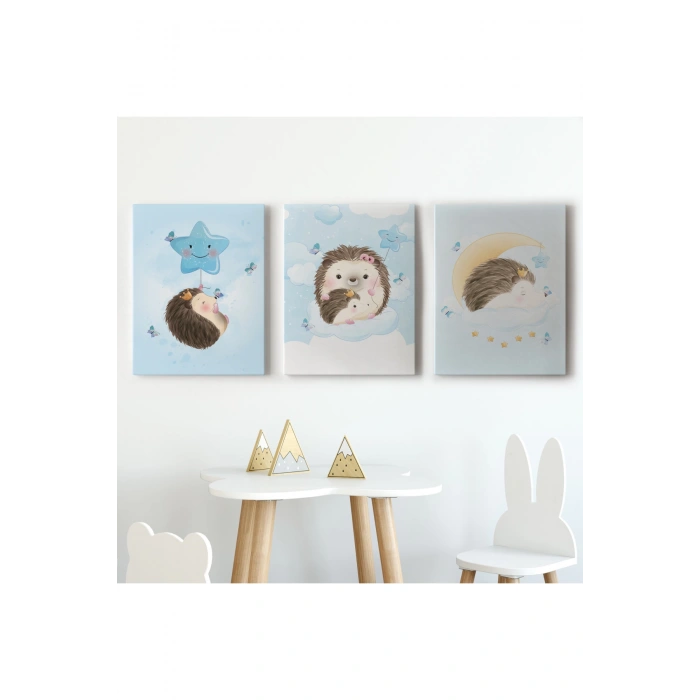 3’lü Tablo Şirin Kirpi Temalı Dekoratif Duvar Tablo Seti-BI-34