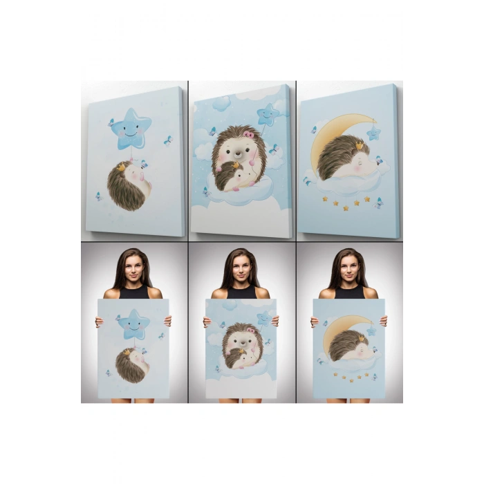 3’lü Tablo Şirin Kirpi Temalı Dekoratif Duvar Tablo Seti-BI-34