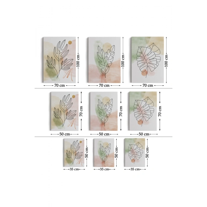 3’lü Tablo Suluboya Bitki Şekilleri Dekoratif Şık ve Modern Duvar Tablo Seti-BD-29