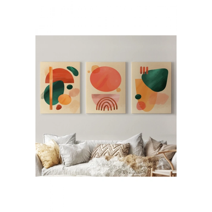 3’lü Tablo Suluboya Şekilleri Soyut Sanat Dekoratif Duvar Tablo Seti-BB-27