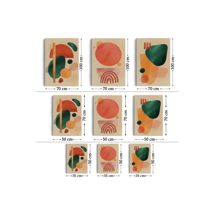 3’lü Tablo Suluboya Şekilleri Soyut Sanat Dekoratif Duvar Tablo Seti-BB-27