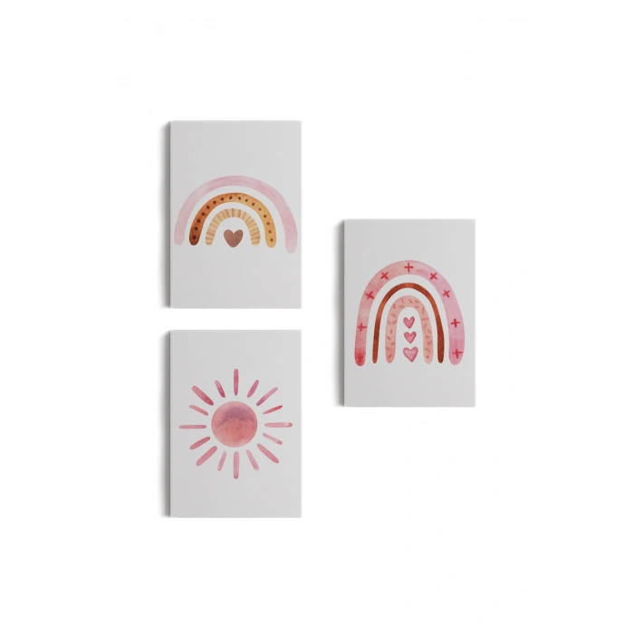 3’lü Tablo Yaz Temalı Suluboya Şekilleri Dekoratif Duvar Tablo Seti-BY-49