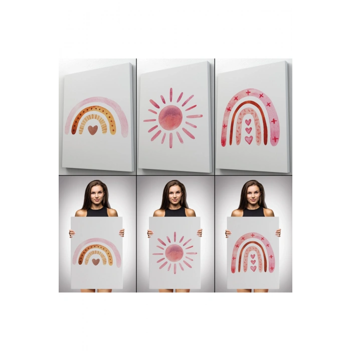 3’lü Tablo Yaz Temalı Suluboya Şekilleri Dekoratif Duvar Tablo Seti-BY-49